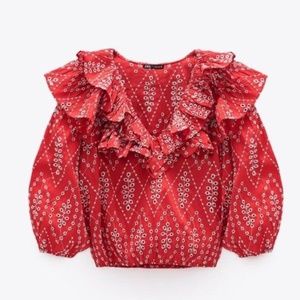 Red with white embroidery Zara ruffled eyelet blouse